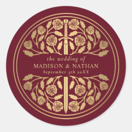 Pegatina Redonda Gold Red Royal Medieval Sword Wedding 