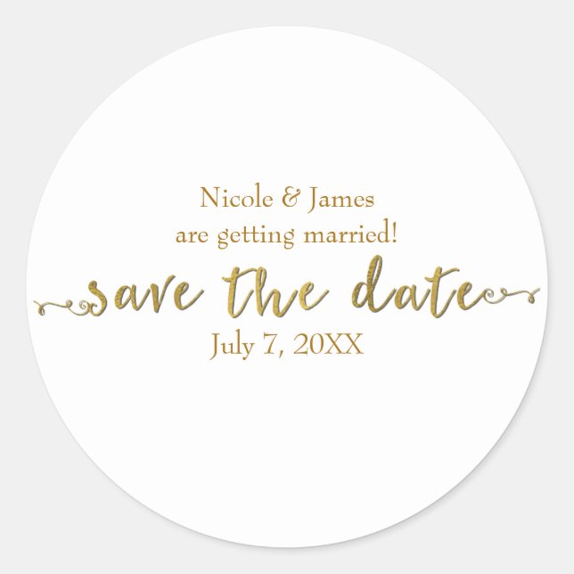 Pegatina Redonda Gold Save the Date Script Personalizado Personaliz (Anverso)