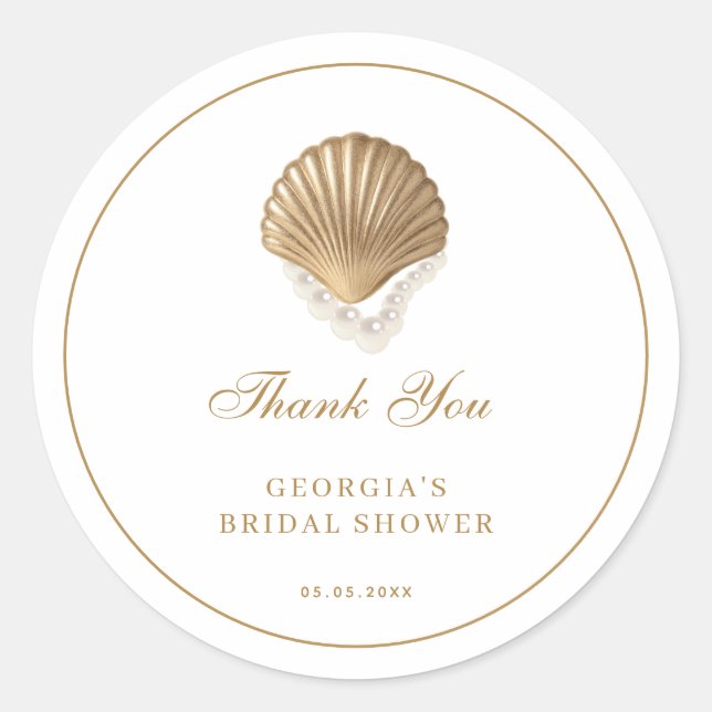 Pegatina Redonda Gold Seashell Coastal Bridal Shower Thank You (Anverso)