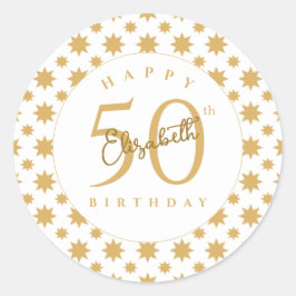 Pegatina Redonda Gold Stars 50th Birthday Custom Name