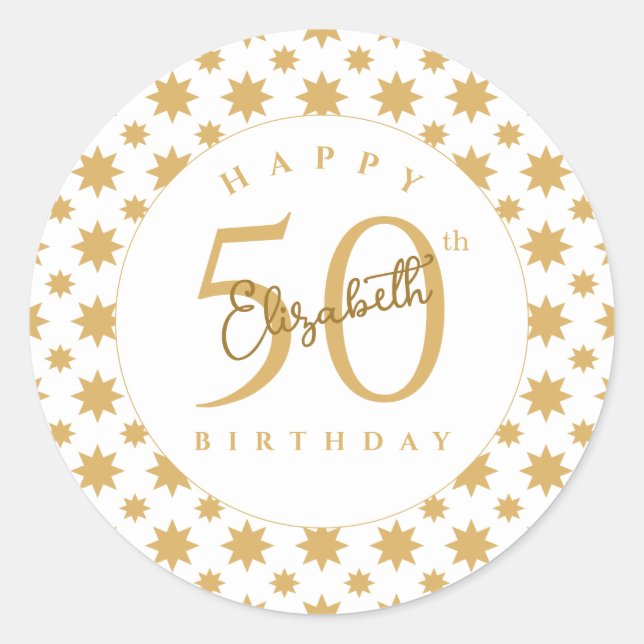 Pegatina Redonda Gold Stars 50th Birthday Custom Name  (Anverso)