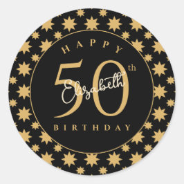 Pegatina Redonda Gold Stars 50th Birthday Custom Name