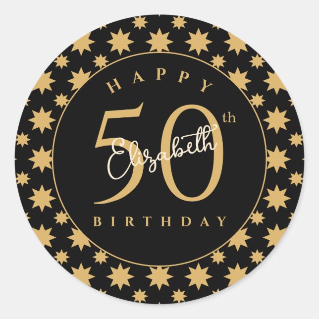 Pegatina Redonda Gold Stars 50th Birthday Custom Name  (Anverso)