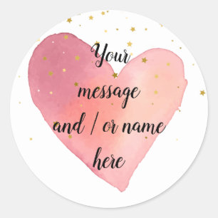 Pegatina Redonda Gold Stars Pink Heart Personalizado