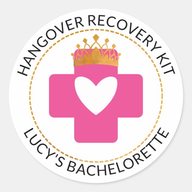 Pegatina Redonda Gold Tiara Pink Bachelorette Hangover Recovery Kit (Anverso)