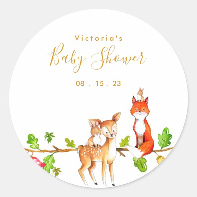 Pegatina Redonda Gold Woodland Baby Shower (Anverso)