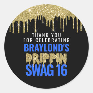 Pegatina Redonda Gold y Blue Drippin Swag 16 Cumpleaños