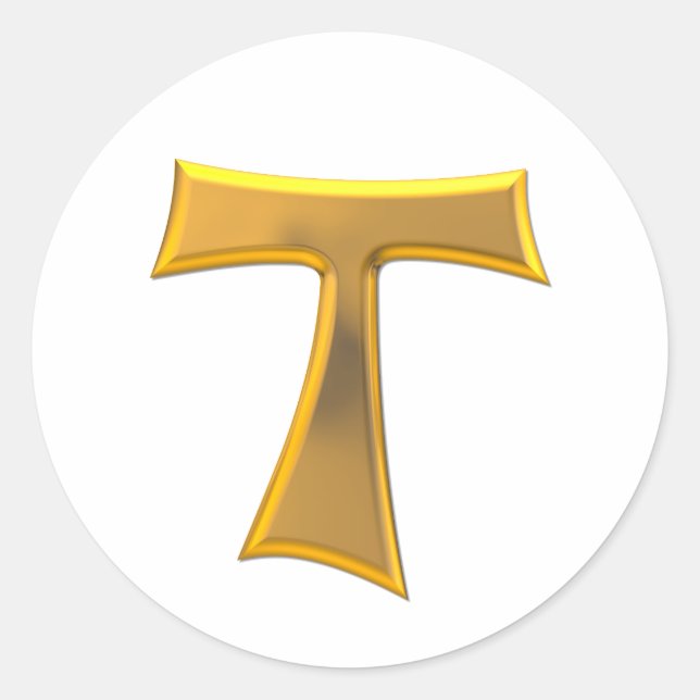 Pegatina Redonda Golden 3D Look Franciscan Tau Cross (Anverso)