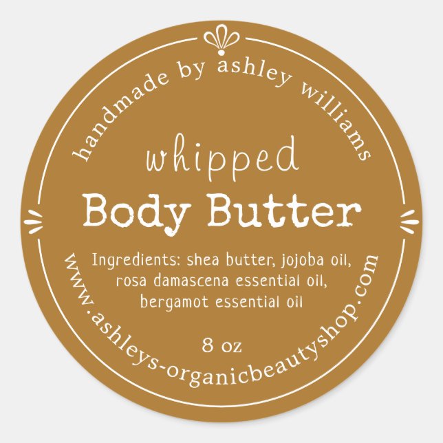 Pegatina Redonda Golden Brown Script Handmade Body Butter Label (Anverso)