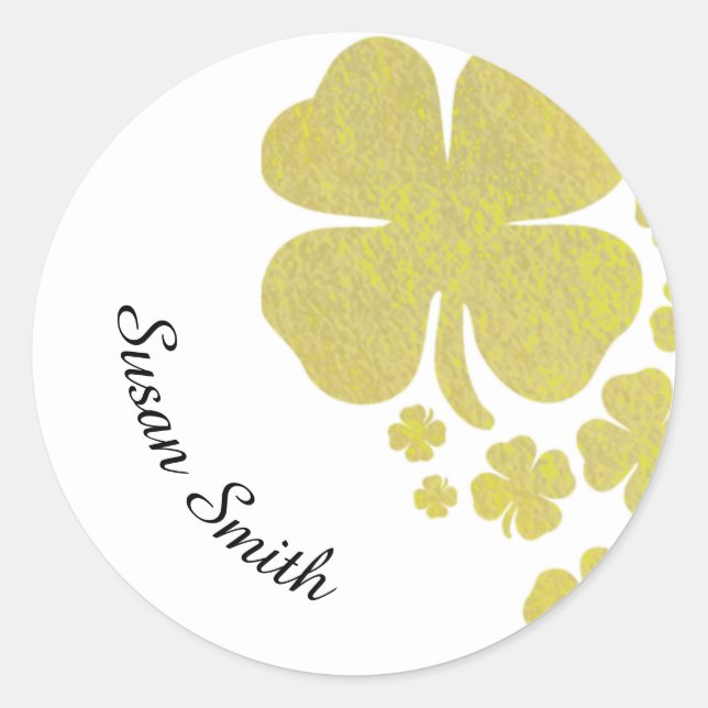 Pegatina Redonda Golden Clover Shamrock Elegant Faux Gold (Anverso)