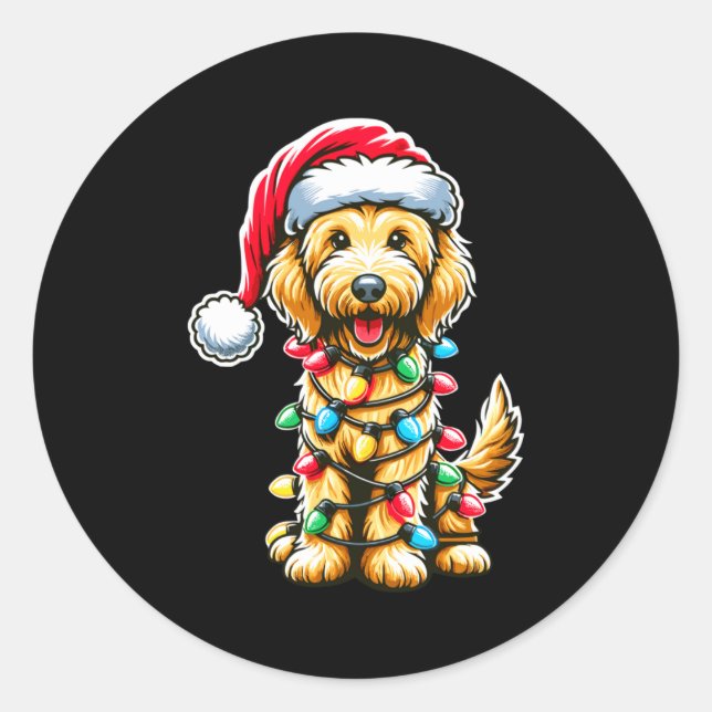 Pegatina Redonda Golden Doodle Christmas Tree Xmas Dog Pajamas Gold (Anverso)
