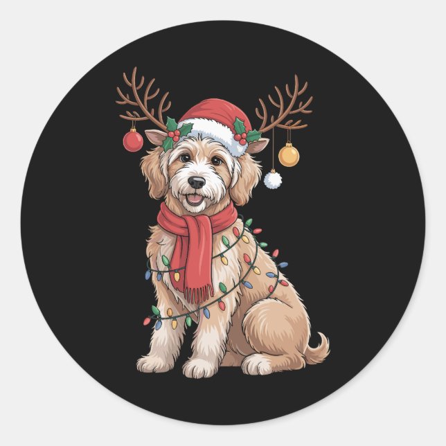 Pegatina Redonda Golden Doodle Gorgeous Reindeer Christmas Tree  (Anverso)