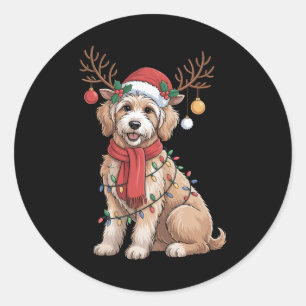 Pegatina Redonda Golden Doodle Precioso Reno Navideño Árbol de Navi