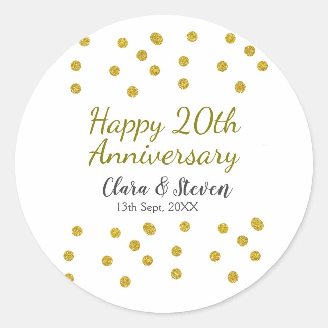 Pegatina Redonda Golden dots glitter happy 20th anniversary wedding (Anverso)