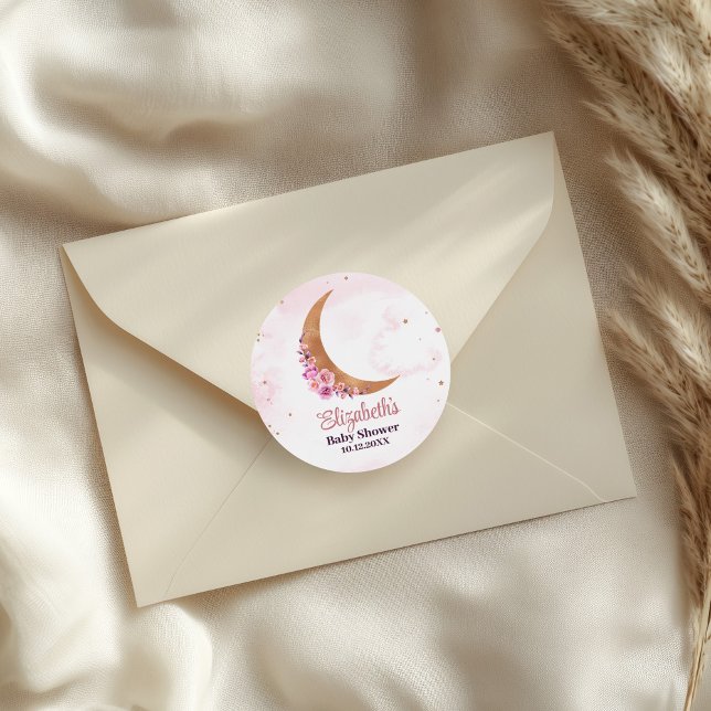 Pegatina Redonda Golden Floral Moon Baby Shower (Golden Floral Moon Baby Shower Classic Round Sticker on an elegant envelope.)