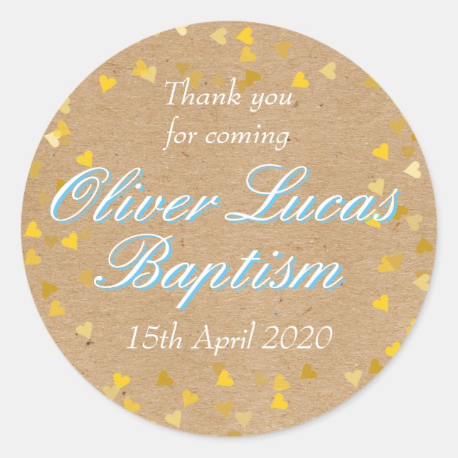 Pegatina Redonda Golden Hearts Blue Baptism Christening Favor (Anverso)