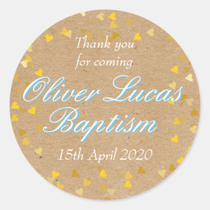 Pegatina Redonda Golden Hearts Blue Baptism Christening Favor