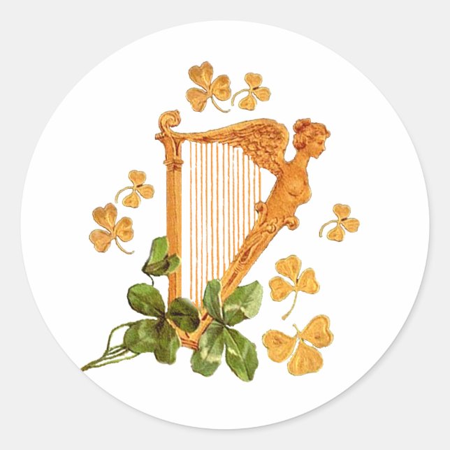 PEGATINA REDONDA GOLDEN IRISH HARP (Anverso)