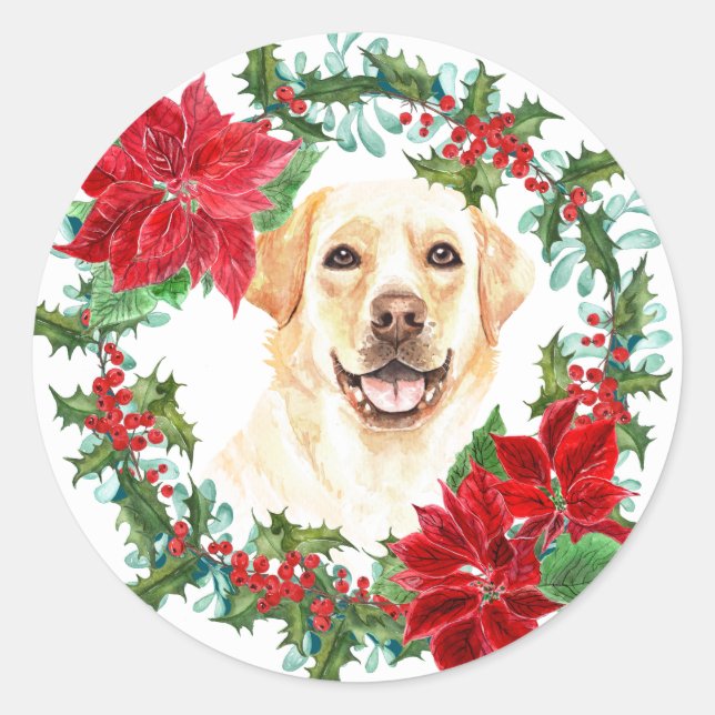 Pegatina Redonda Golden Lab Poinsettia Holly Holiday Wreath (Anverso)