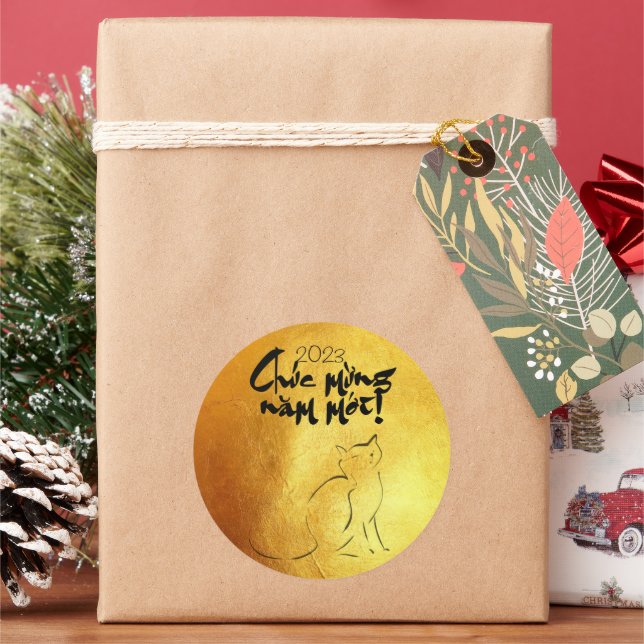 Pegatina Redonda Golden Lunar Vietnamita Cat Año 2023 RSt (Vacaciones)