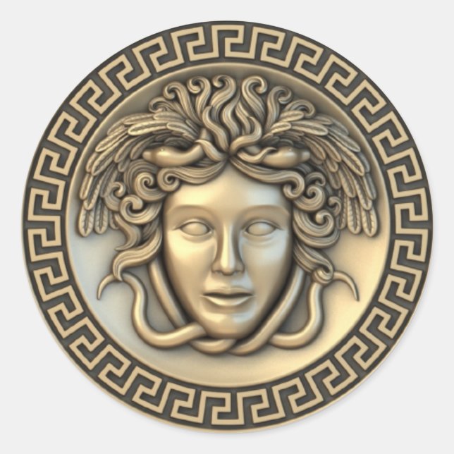Pegatina Redonda Golden Medusa 3D Gorgon (Anverso)