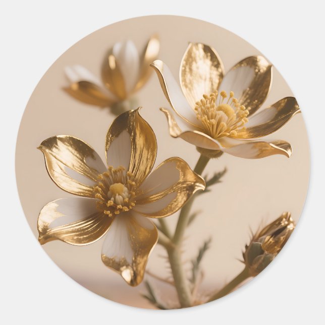 Pegatina Redonda Golden Metallic Flowers Luxe Botanical Elegance (Anverso)