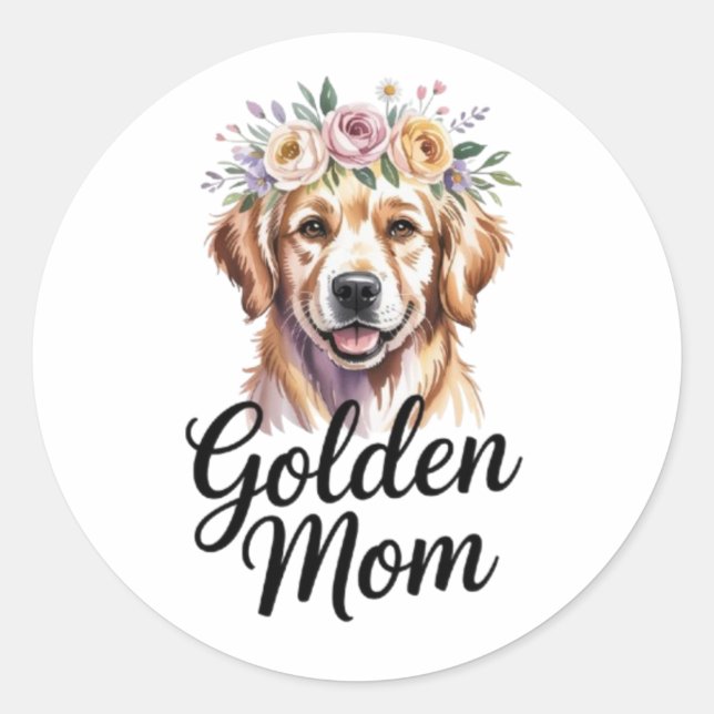 Pegatina Redonda Golden Mom Golden Retriever Floral Sticker Golden  (Anverso)