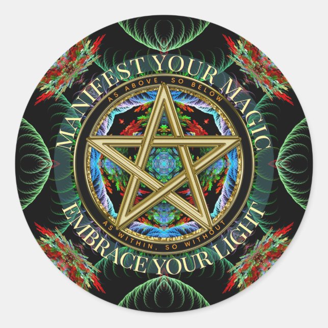 Pegatina Redonda Golden Pentacle Magick Fractals (Anverso)
