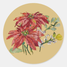 Pegatina Redonda Golden Poinsettia | Fine Art Christmas Sticker