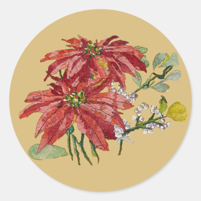 Pegatina Redonda Golden Poinsettia | Fine Art Christmas Sticker (Anverso)
