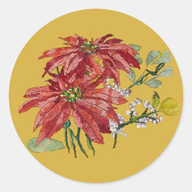 Pegatina Redonda Golden Poinsettia | Fine Art Christmas Sticker (Anverso)