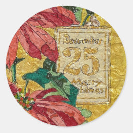 Pegatina Redonda Golden Poinsettia | Fine Art Christmas Sticker