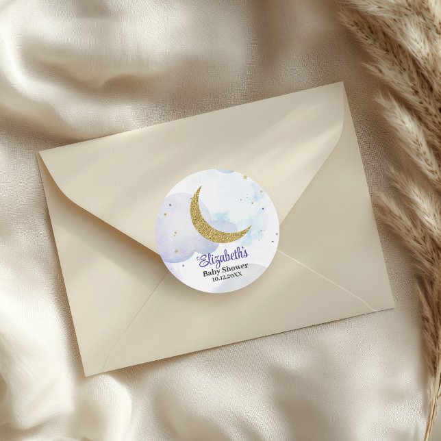 Pegatina Redonda Golden Purpurina Moon Baby Shower (Golden Glitter Moon Baby Shower Classic Round Sticker on an elegant envelope)