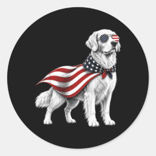 Pegatina Redonda Golden Retriever 4 De Julio Bandera Americana Perr