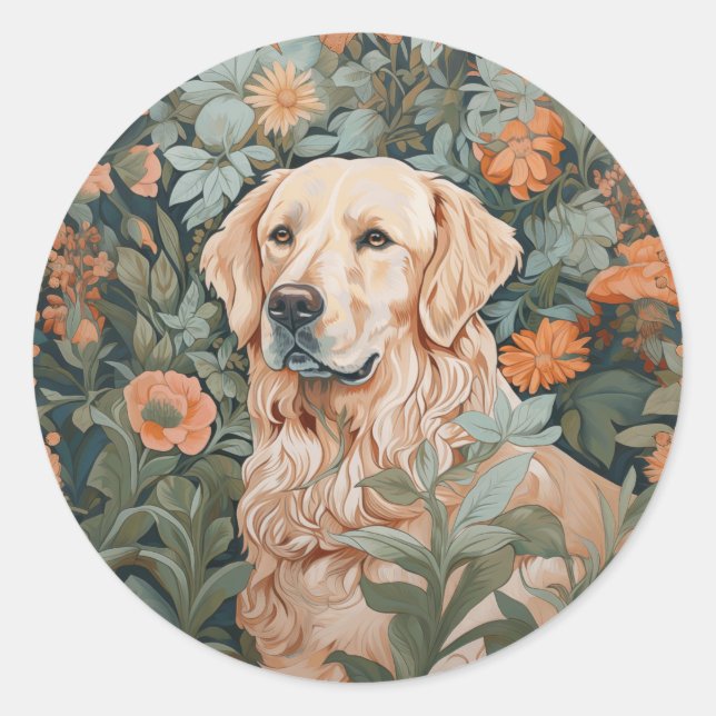 Pegatina Redonda Golden Retriever al estilo de William Morris (Anverso)