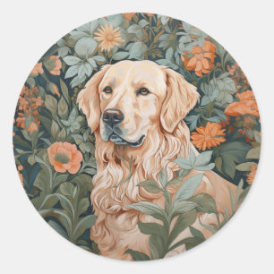 Pegatina Redonda Golden Retriever al estilo de William Morris