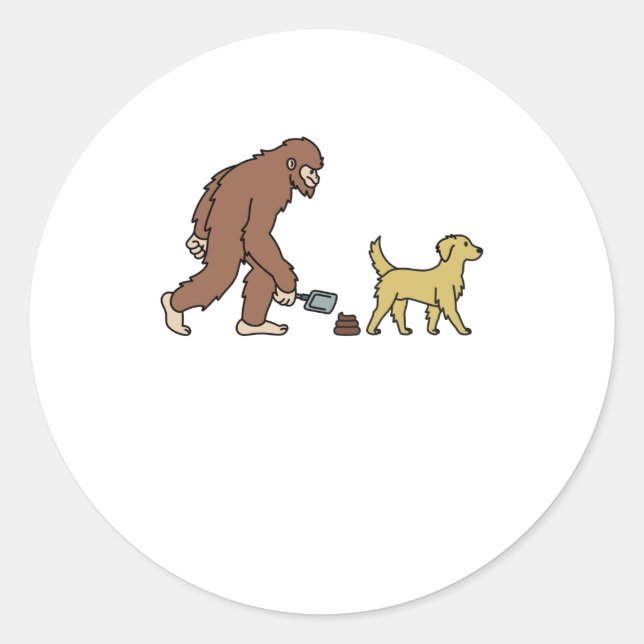 Pegatina Redonda Golden Retriever Bigfoot Sasquatch Poop (Anverso)
