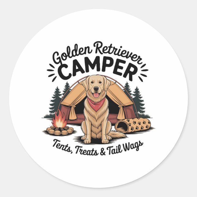 Pegatina Redonda Golden Retriever Camper– Tents, Treats & Tail Wags (Anverso)