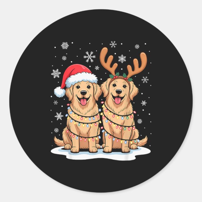 Pegatina Redonda Golden Retriever Christmas Santa Hat Reindeer Ligh (Anverso)
