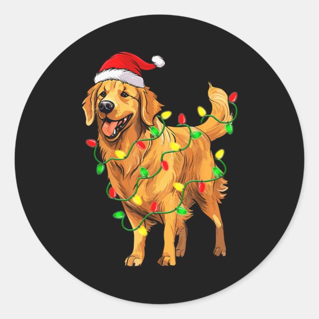Pegatina Redonda Golden Retriever Christmas Santa Hat Tree Lights P (Anverso)