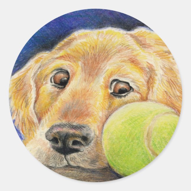 Pegatina Redonda Golden Retriever con pista de tenis (Anverso)