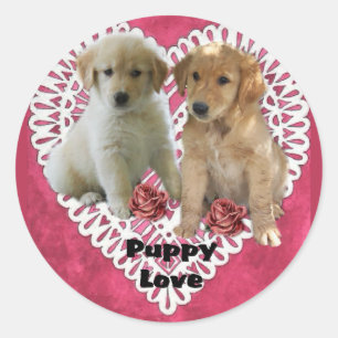Pegatina Redonda Golden Retriever Cuppies Valentines