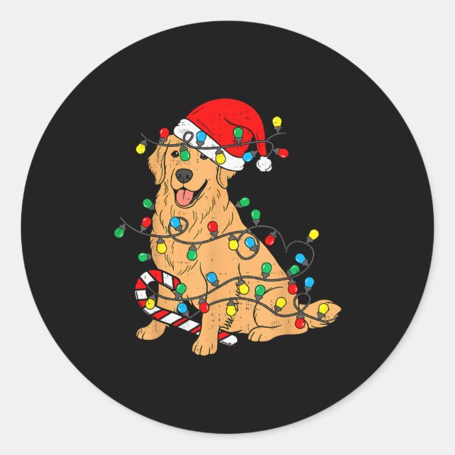 Pegatina Redonda Golden Retriever Dog Christmas Lights Xmas Pet Dog (Anverso)