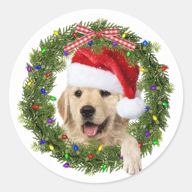Pegatina Redonda Golden Retriever en corona con gorra de Navidades (Anverso)