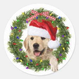 Pegatina Redonda Golden Retriever en corona con gorra de Navidades