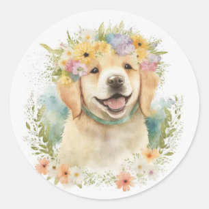 Pegatina Redonda Golden Retriever En Laurel Wreath