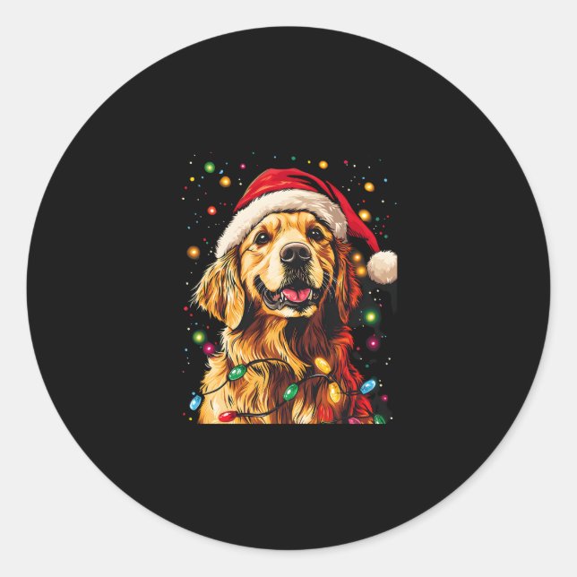 Pegatina Redonda Golden Retriever Funny dog Christmas Santa Hat lig (Anverso)