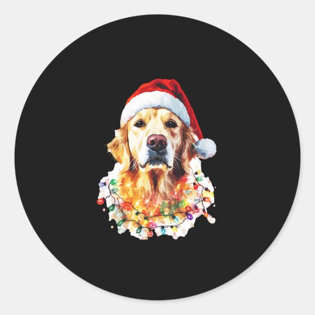 Pegatina Redonda Golden Retriever Funny dog Christmas Santa Hat lig (Anverso)