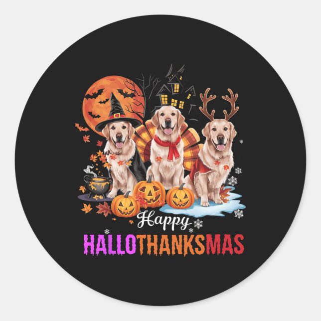 Pegatina Redonda Golden Retriever Happy Hallothanksmas Halloween (Anverso)