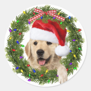 Pegatina Redonda Golden Retriever In Navidades Wreath